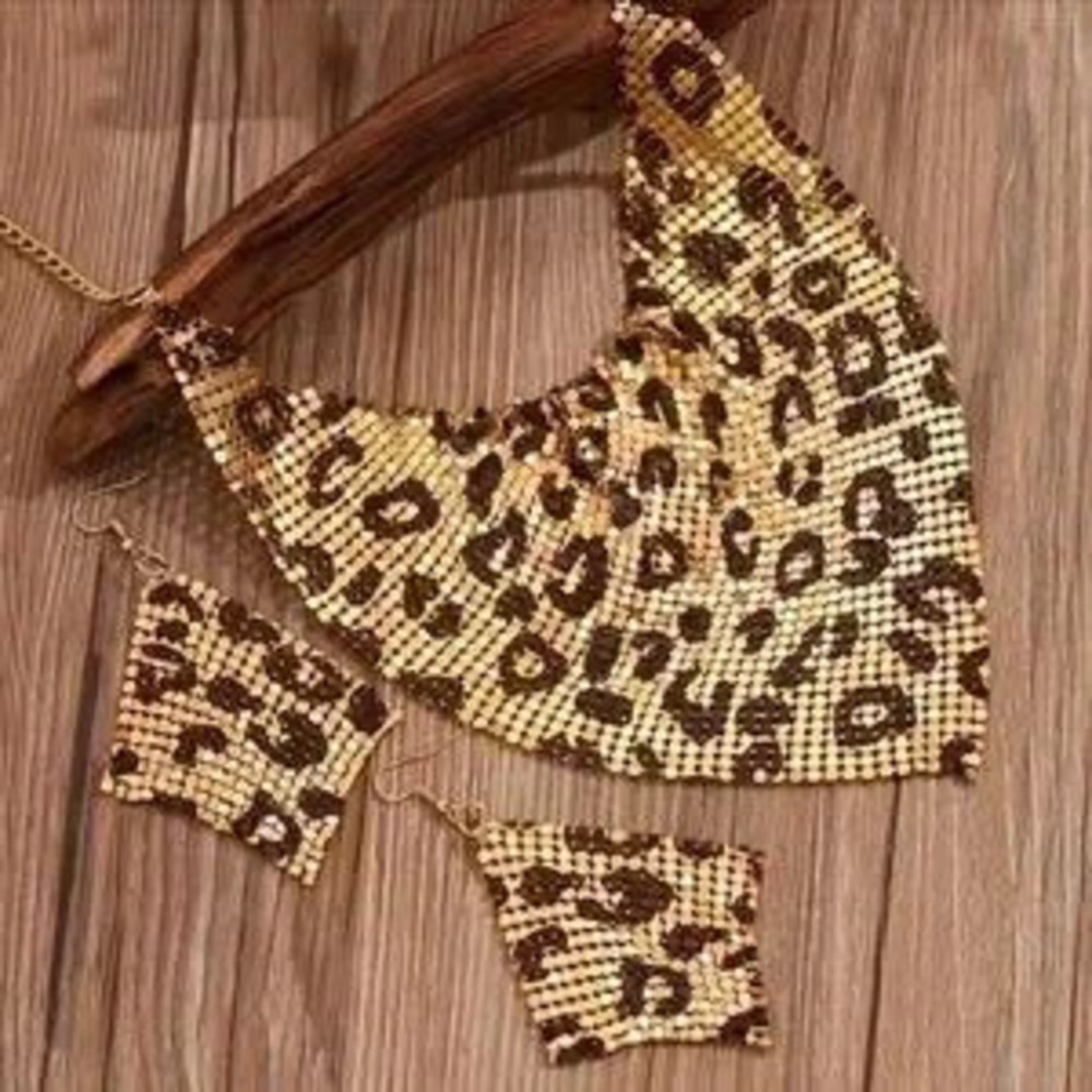 Leopard Print Gold Sequin Necklace and Earrings Set Adjustable
